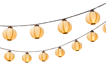 Strings of traditional glowing paper lanterns for decoration isolated with transparent background