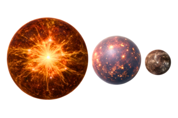 Set of three glowing cosmic spheres with fiery nebula textures isolated with transparent background