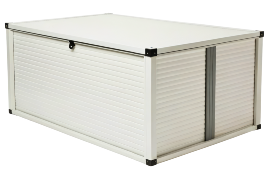 White outdoor storage container with a roll shutter door isolated with transparent background