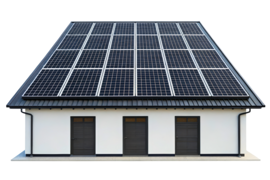 Modern house with photovoltaic solar panels on the entire roof isolated with transparent background