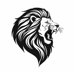 A black and white illustration of a roaring lion head with a prominent mane, facing right.
