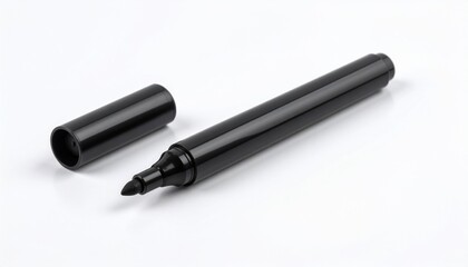 An open black marker pen with its cap placed beside it on a plain white background.