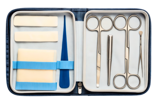 Portable surgical instrument kit for first aid or medical use isolated with transparent background
