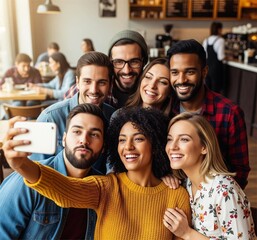 Obraz premium Group of Diverse Friends Taking a Selfie at Coffee Shop – Authentic Candid Lifestyle
