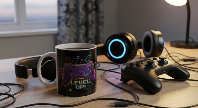Gaming Setup with Coffee Headphones and Controller Ready for the Next Level.