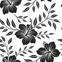 Black hibiscus flowers and leaves seamless pattern on white background floral