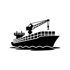 Obraz premium Cargo Ship with Crane and Containers Icon, Silhouette of a ship in Sea.