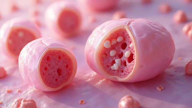 Microscopic image of different types of ovarian cysts, with emphasis on dermoid cysts. 