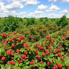 Gooseberry fields in summer with bushes strewn