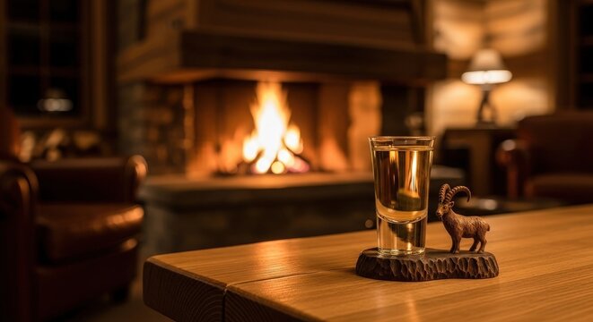 Alpine genepi liqueur shot on a wooden table with a cozy fireplace in a mountain ski lodge
