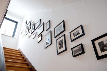 A collection of black and white framed photos on a white wall by stairs