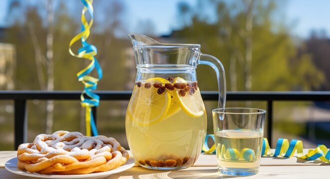 Finnish sima a traditional may day drink with funnel cake on a sunny spring balcony