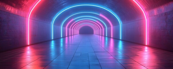 Vibrant neon tunnel with dynamic geometric lights
