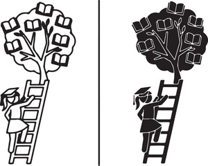 Vector Icon: Graduate Climbing Ladder to Book Tree, Symbol of Education, Isolated Background, Achievement Sign.