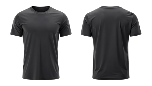 Black blank t shirt template from two sides isolated on transparent white background, clipping pat