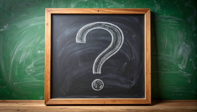 A chalk-drawn question mark on a framed blackboard against a green chalkboard background.