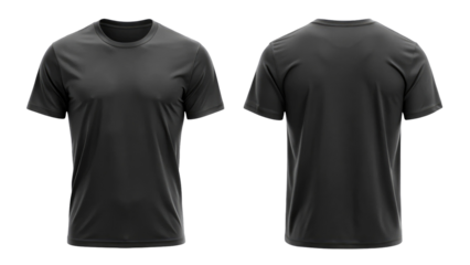 Black blank t shirt template from two sides isolated on transparent white background, clipping pat