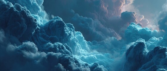 Dense, blue-hued clouds fill the frame, illuminated by subtle light