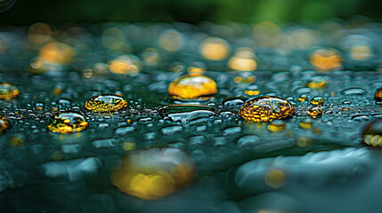 Close-up of water droplets on a dark surface, reflecting light.