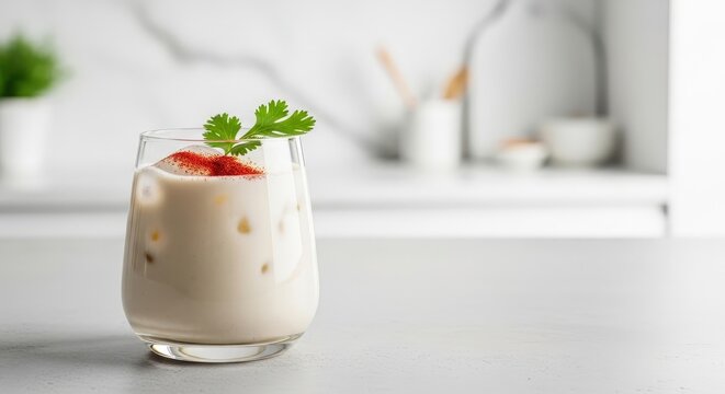 Delicious homemade indian masala chaas buttermilk drink with cilantro on a bright kitchen counter