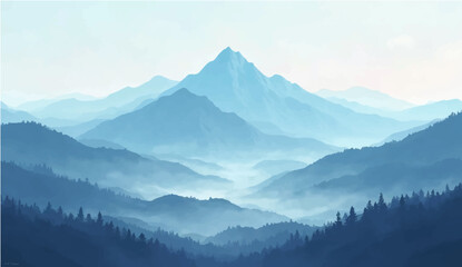 Morning mountain landscape with misty peaks and scenic valley view