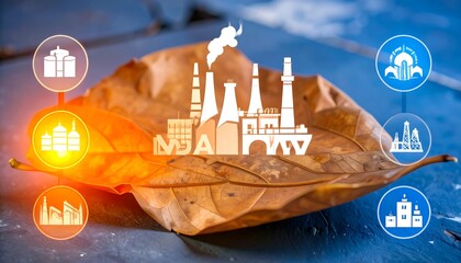 Industrial icons on dried leaf