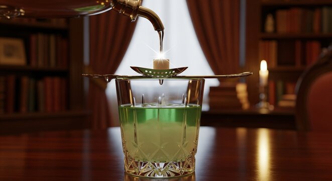 Traditional swiss absinthe being prepared with a fountain, spoon and sugar cube in a library