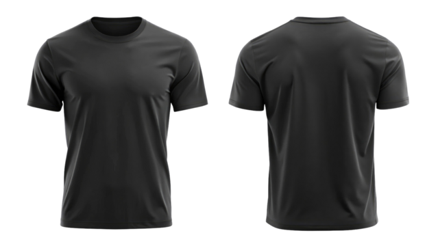 Black blank t shirt template from two sides isolated on transparent white background, clipping pat
