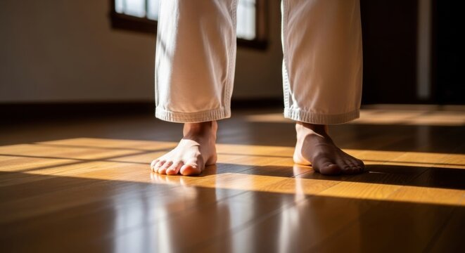 Man's bare feet standing on a shiny wooden floor, wearing white martial arts uniform pants, with warm sunbeams