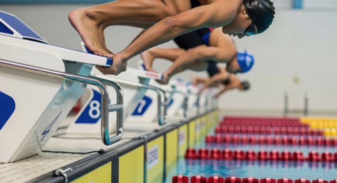 Swimmer preparing to dive from starting block. Professional athlete ready for race. Concept of competition, fitness, sports.