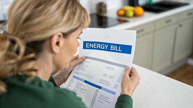 Woman checking energy bill home kitchen worried about cost of living and household expenses, managing monthly expenses and energy