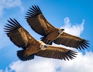Obraz premium Two vultures soar against a clear sky