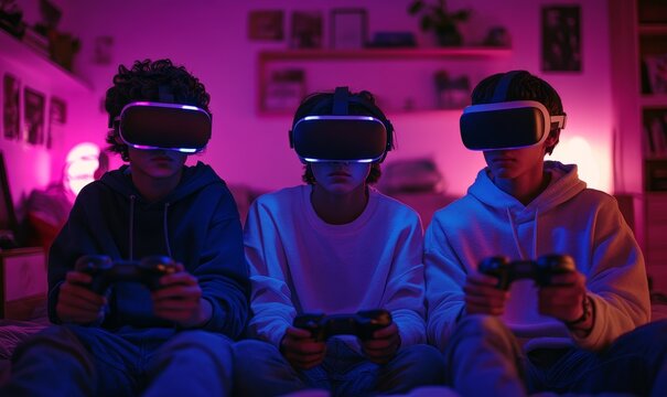 Teenagers gaming together with VR headsets at home, bonding in a neon-lit bedroom with glowing lights, illustrating fun and inclusive technology use, Generative AI