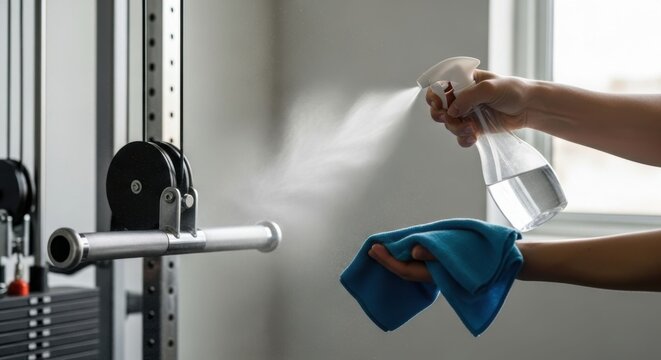 Woman spraying disinfectant on gym equipment. Fitness center sanitation and hygiene for public safety and health after workout.