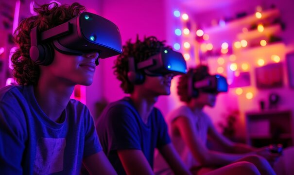 Teenagers gaming together with VR headsets at home, bonding in a neon-lit bedroom with glowing lights, illustrating fun and inclusive technology use, Generative AI