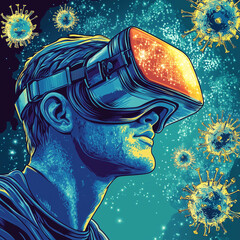 A person wearing a vr headset surrounded by virus particles in a stylized digital illustration
