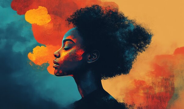 Abstract illustration representing mental well-being, featuring a Black woman as a symbol of mindfulness, mental health, and the challenges of anxiety, Generative AI
