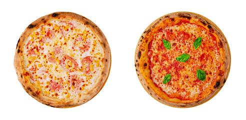 Two delicious pizzas with different toppings served on wooden plates
