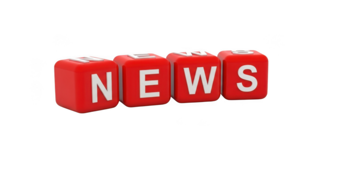 Red blocks spelling out the word news isolated on transparent background