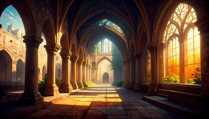 Obraz premium Sunlit Gothic Cloister Ruins with Stone Columns and Arched Windows