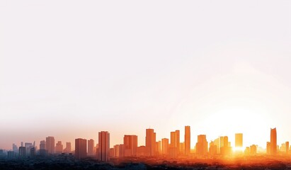 Fototapeta premium Simple city skyline with building silhouettes against rising sun, showcasing calm and serene atmosphere with white sky and orange hues