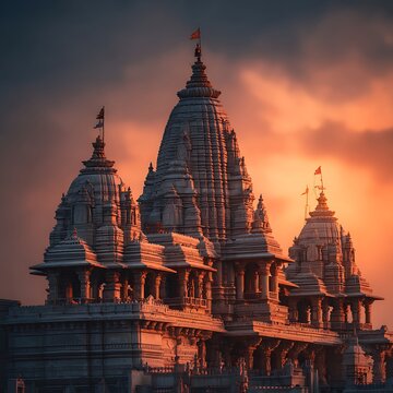 A beautiful stock photo of Shri Ram Mandir Temple in Ayodhya on the birthplace of Lord Rama , Ayodhya.