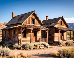 Two weathered wooden houses in a desert landscape