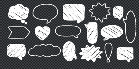 Crayon talk speech text in a chalk doodle box frame set. Crayon talk vector illustration of comic bubbles, sketch clouds, a chat sign, and a chalkboard texture bg for design use. © Rina Antipina