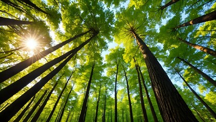 Sunlit canopy in a lush green forest, vibrant leaves and tall trees reaching for the sky, low angle view.