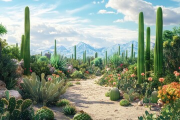 Desert landscape with cacti and mountains