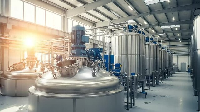 Modern industrial facility with large stainless steel tanks and machinery, representing manufacturing and production processes in the chemical or pharmaceutical industry