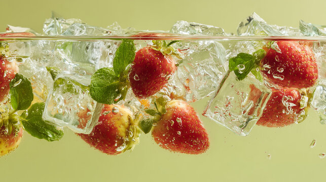 Strawberries with ice cubes and mint leaves floating underwater on light background, refreshing summer drink concept, healthy fruit beverage and detox water photography - Powered by Adobe