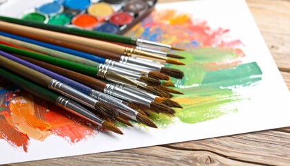 Obraz premium A variety of artist paintbrushes lie on a sheet of paper with colorful watercolor swatches.