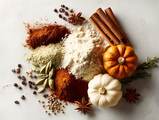 Fototapeta premium A fall baking mix featuring the colors of pumpkin and spices, top view